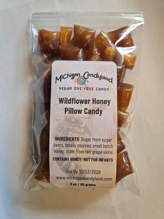 Packaged Wildflower Honey Pillow Candy with a label on a white background, sugar beets