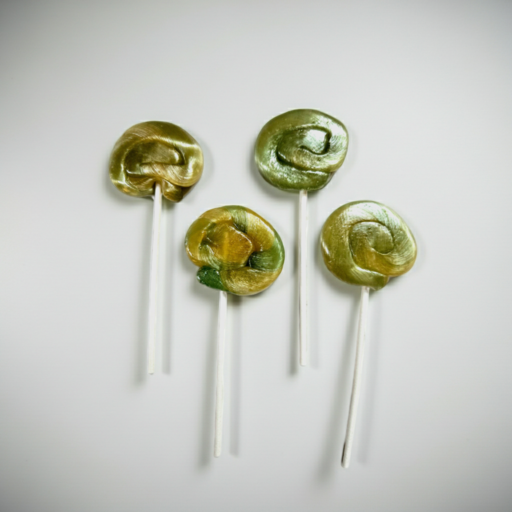Four vegan green spiral spirulina lollipops on a white background