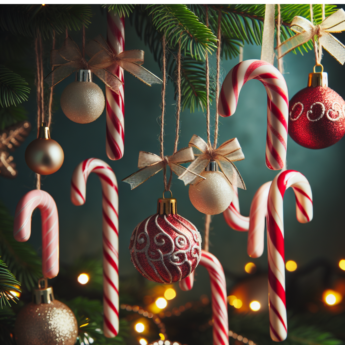 red and white candy canes hanging from a Christmas tree, red and white Christmas ornaments hanging from the Christmas tree, close up shot